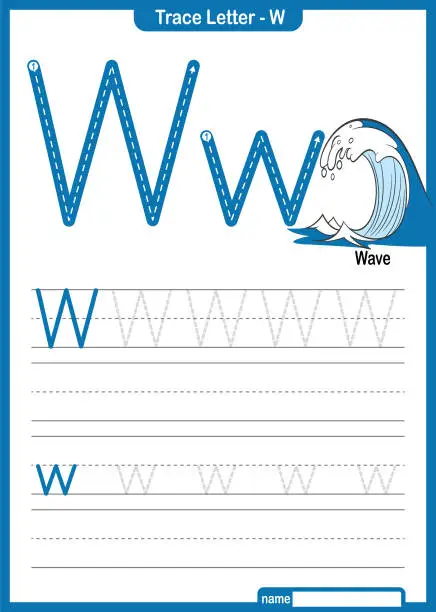 Vector illustration of Alphabet Trace Letter A to Z preschool worksheet with the Letter W Wave Pro Vector