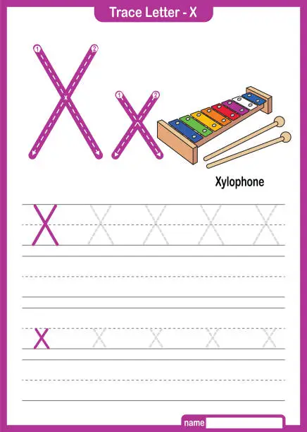 Vector illustration of Alphabet Trace Letter A to Z preschool worksheet with the Letter X Xylophone Pro Vector