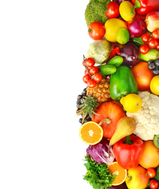 istock vegetables and fruits isolated on white background. Free space for text. 1463868159