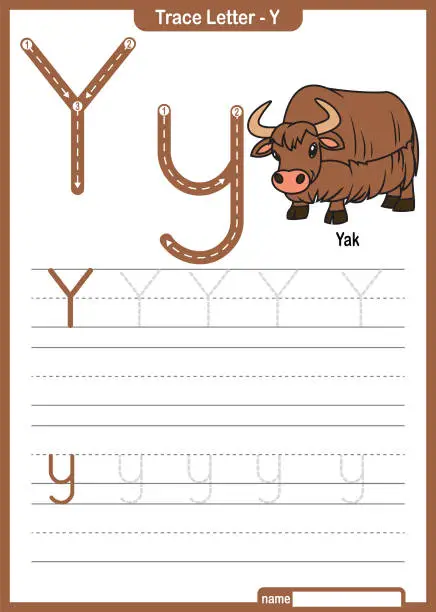 Vector illustration of Alphabet Trace Letter A to Z preschool worksheet with the Letter Y Yak Pro Vector