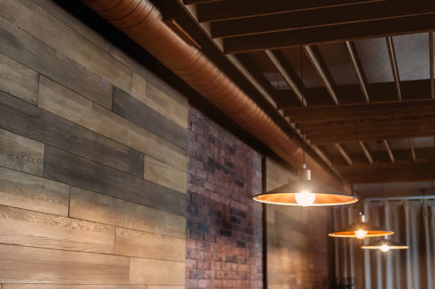 istock Lamps and chandeliers in the restaurant with warm light 1463869237