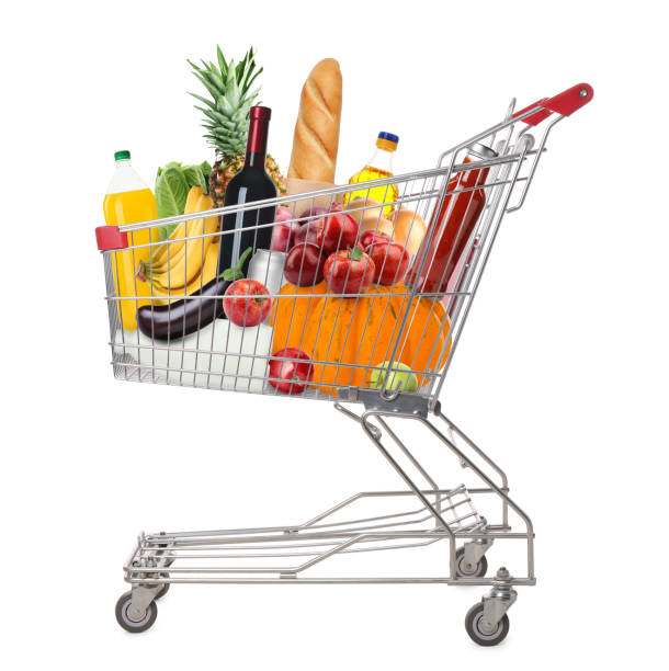 istock Shopping cart with groceries on white background 1463869471