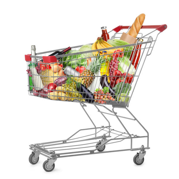 istock Shopping cart with groceries on white background 1463869472