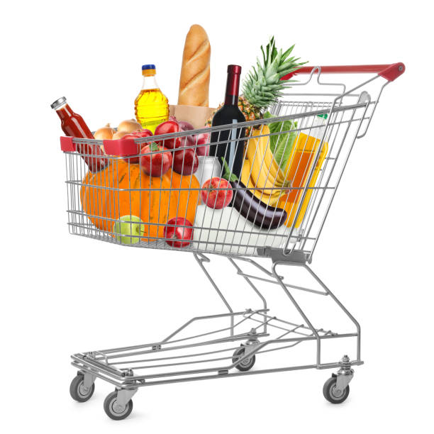 istock Shopping cart with groceries on white background 1463869578