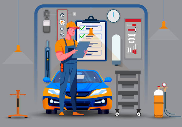 ilustraciones, imágenes clip art, dibujos animados e iconos de stock de mecánico que verifica el seguro de un automóvil en un portapapeles - customer auto repair shop car mechanic