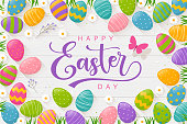 istock Easter Eggs on Wood background with text Happy Easter Day 1463872689