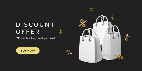 Discount offer banner. White 3D shopping bags with flying gold percent sign on black background. Paper packages sale promotion. Vector illustration