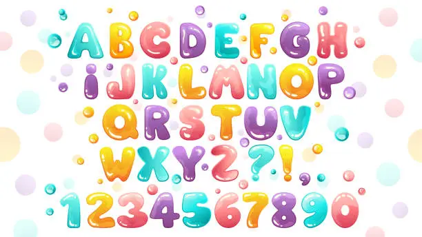 Vector illustration of Bubble Gum font with alphabet letters and numbers. Vector cartoon decorative illustration for kids design.