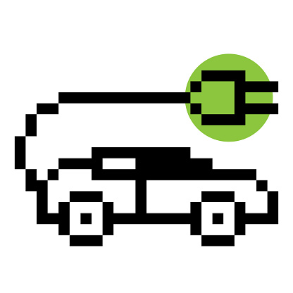 Pixel electric car illustration vector. Electrocar charger station. Retro game design. Eighties computer games 8 bit game. Game consoles cartridge. Mosaic illustration isolated white background icon.