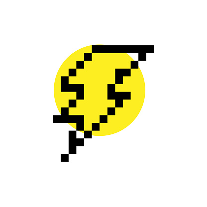 Pixel energy sign lightning icon illustration vector. Retro game design. Eighties computer games 8 bit game. Game consoles cartridge. Mosaic illustration isolated white background icon.