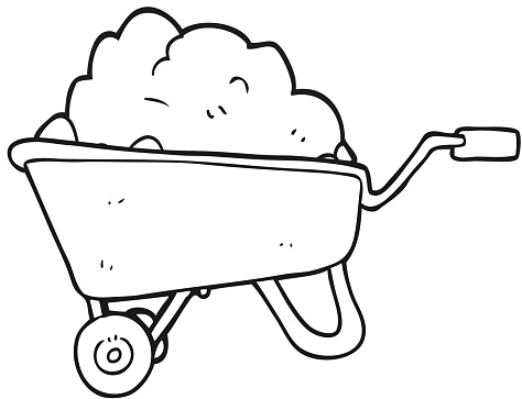 freehand drawn black and white cartoon wheelbarrow full of dirt