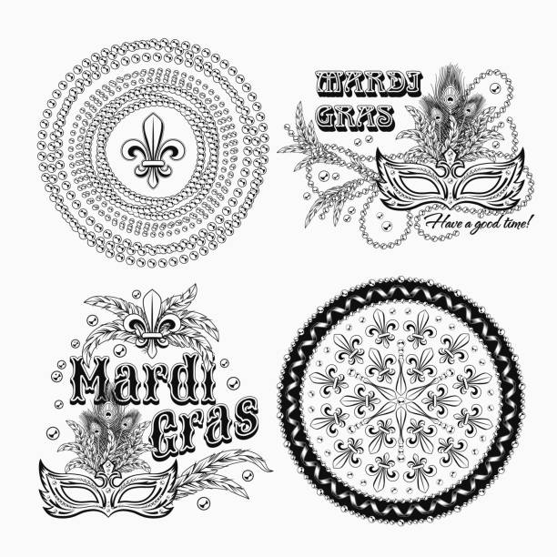 ilustrações de stock, clip art, desenhos animados e ícones de set of 4 black and white labels with text for carnival mardi gras decoration - peacock feather outline black and white