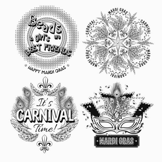 ilustrações de stock, clip art, desenhos animados e ícones de set of 4 black and white labels with text for carnival mardi gras decoration - peacock feather outline black and white