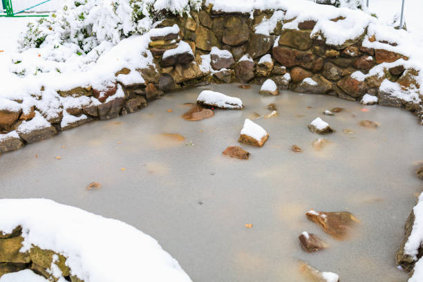 istock Frozen artificial pond in the park. Winter background, selective focus 1463878122