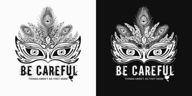 ilustrações de stock, clip art, desenhos animados e ícones de monochrome meaningful label with masquerade mask - peacock feather outline black and white