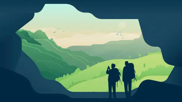 Vector illustration of Tourists with backpacks observe mountain landscape