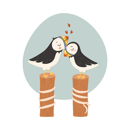 Cute Puffins couple in love. Valentine's day card concept. Vector Illustration