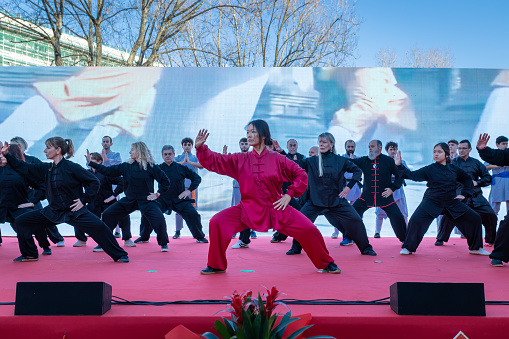 Rome, Italy - February 5, 2023: Citizens of the Chinese community celebrate their New Year party in the Italian capital. The event is open to the public with performances of dance, martial arts and traditional Chinese music. In the photo, martial arts performance in a group.