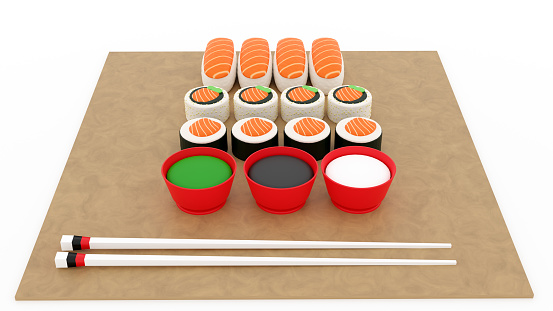 Rolls and sushi. Traditional Japanese food.