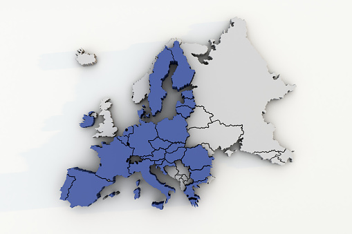 Map of the European Union top view. 3D geography