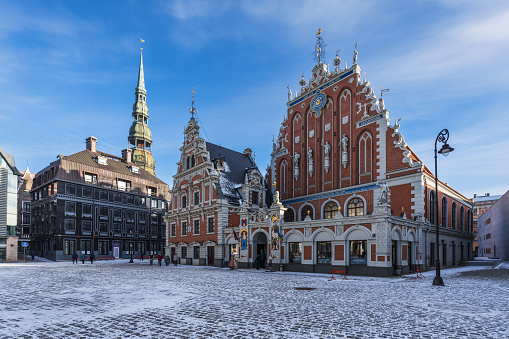 Riga - Lattvia, February 5, 2023: The famous house of the blackheads in the Town Hall Square in Riga. One of the main attractions of the capital of Latvia