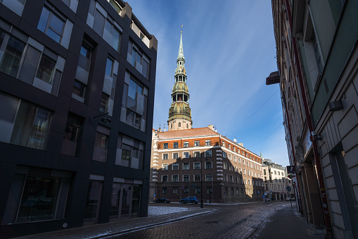 Riga, Latvia - February 5, 2023: Low angle view of St. Peter Church.