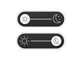 On and Off toggle switch buttons. Light and Dark Buttons. Day night switch. Gadget interface switch to Day and Night mode for Mobile App, Web Design, Animation. Day and Night Mode. Vector illustration
