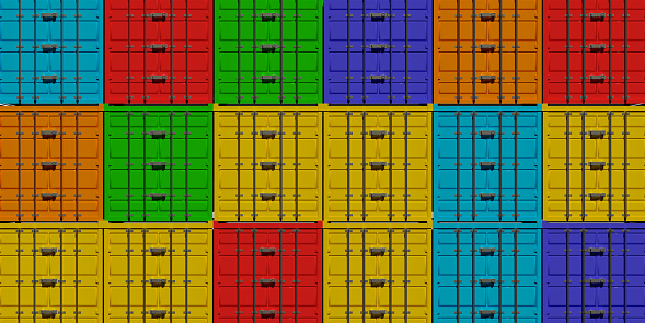 3D rendered colorful containers with import, export, trade concept. Stacked containers as a background.