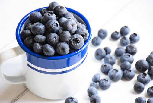 Blueberries in an enamel cup