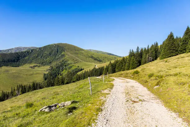 Mountain landscape with a gravel road during summer in Austria