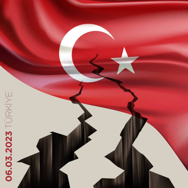 터키 남동부에서 치명적인 파괴적인 지진. 2023년 2월 6일 투르키예 카라만마라스의 자연 재해. 거대한 균열과 터키 국기. - turkey earthquake stock illustrations