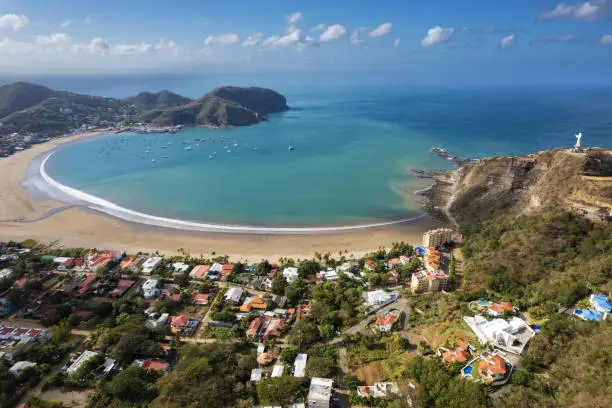 Vacation in San Juan Del Sur in Nicaragua aerial drone view on sunrise gold color