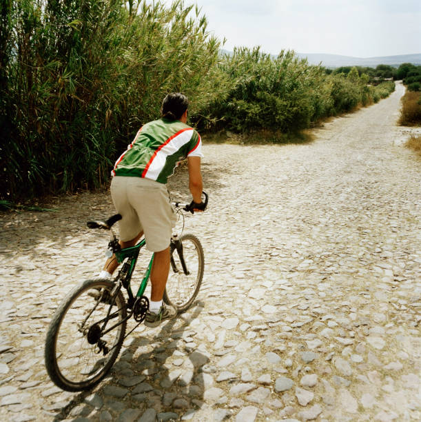 Two cyclists ride their bikes down a scenic road, each with a backpack and panniers on their bikes. A long shot captures their journey across a picturesque countryside, showcasing their adventure and the beauty of the surroundings.