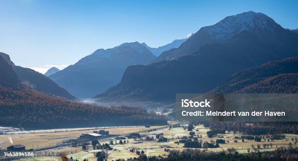 Scenic View Of Engadine Valley Near The Town Of Samedan Switzerland Stock Photo - Download Image Now