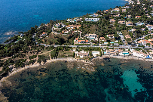 Aerial view of French Riviera coast; Cote d`Azur, Mediterrain Sea, France, Europe.