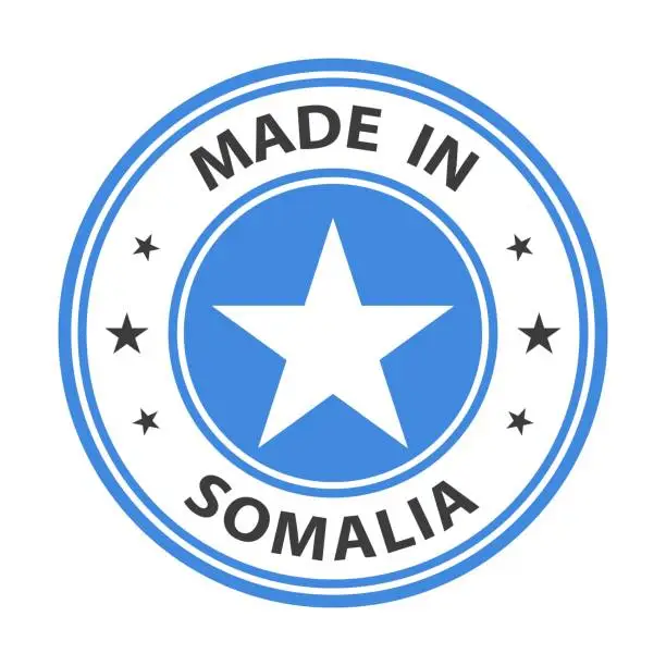 Vector illustration of Made in Somalia badge vector. Sticker with stars and national flag. Sign isolated on white background.