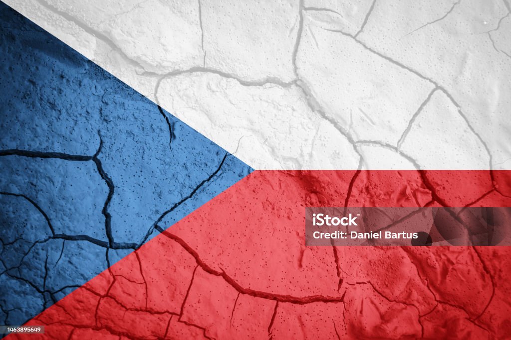 Flag of Czech republic. Czech republic symbol. Flag on the background of dry cracked earth. Czech republic flag with drought concept Accidents and Disasters Stock Photo