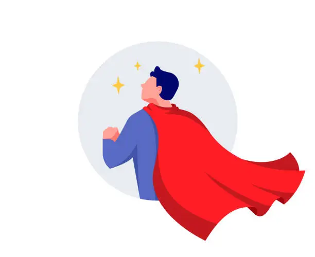Vector illustration of Man in red superhero cape minimal vector illustration. The concept of success, leadership and victory in business