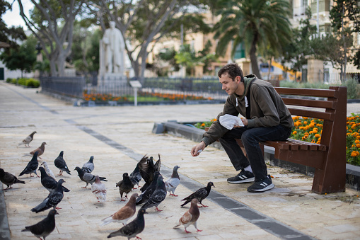 Young male tourist is sitting on a street bench in Valletta and feeding pigeons