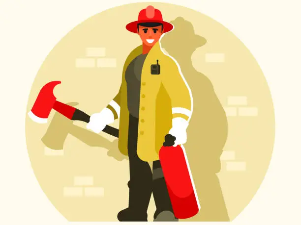 Vector illustration of Firefighter with ax and fire extinguisher