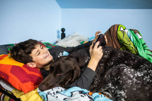 istock A happy boy playing video games in bed with his dog 1463897032