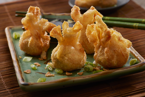 Crispy Fried Shumai, Filipino Pork and Ginger Dumplings with Green Onions and Soy Dipping Sauce