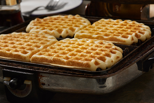 Making Waffles in a Retro Waffle Maker with Maple Syrup