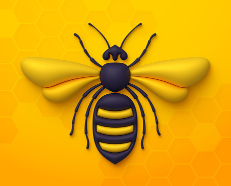 Honey bee beehive 3D design yellow background.