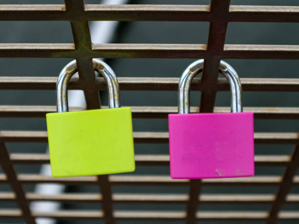 istock Close up of padlocks hanging on railing 1463901661