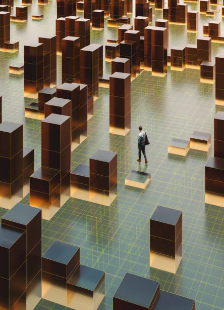 istock Young businessman walking in VR environment 1463902297