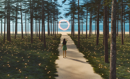 Woman walking towards beach in fantasy landscape. 3D generated image.