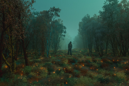 Man walking in surreal forest landscape with glowing orbs. 3D generated image.