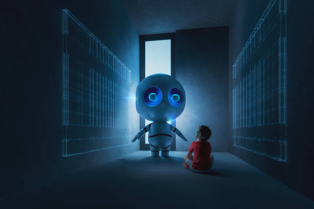 Futuristic kid playing at home with robot in VR environment. 3D generated image.