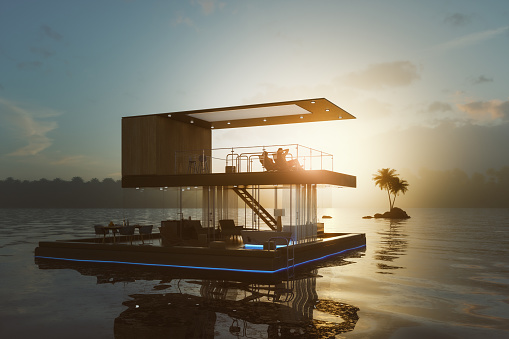 Summer vacation on boathouse at sunset. 3D generated image. Boathouse is my own design and modeling.